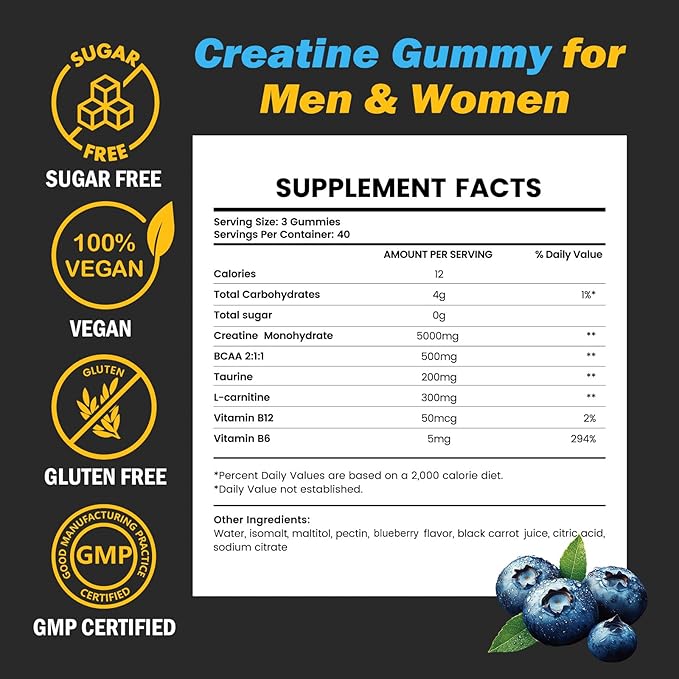Creatine Monohydrate Gummies for Men &amp Women 5g Vegan Creatine Gummy with Taurine for Build Muscle Boost Energy &amp Strength Blueberry Flavor Chewable Sugar-Free Pre Workout Supplements 120