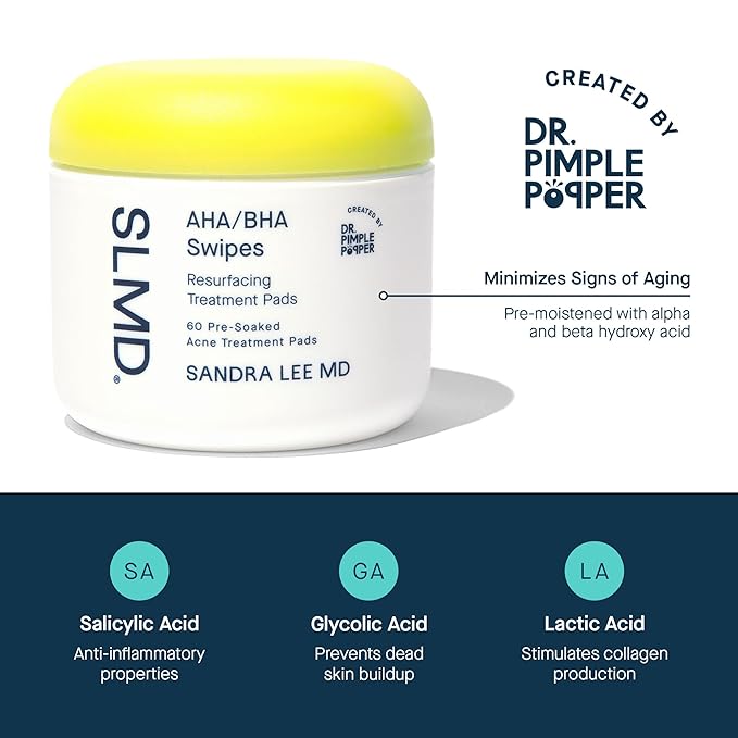 SLMD by Dr. Pimple Popper - AHA BHA Toner Pads Swipes Salicylic Acid Glycolic Acid &amp Lactic Acid - Daily Resurfacing Pads for Face &amp Body - Facial Exfoliating Resurface Treat and Prevent A