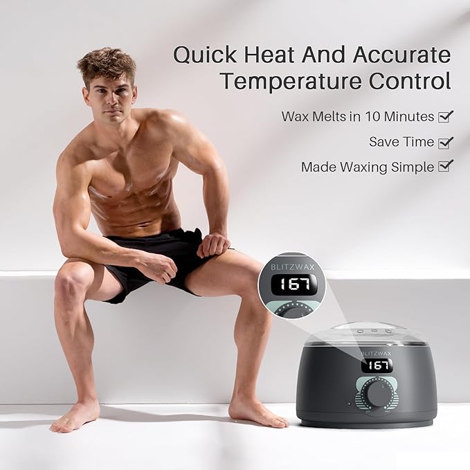 BLITZWAX Back and Nose Waxing Kit for Men Hard Wax Warmer for Brazilian Body and Face At Home Hair Removal Kit Beginner Friendly Quick Heating 93 Accessories Charcoal Grey