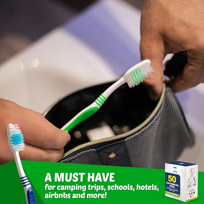 Bulk Toothbrushes 50 Pack | Individually Wrapped Travel Toothbrush Set for Adults &amp Kids | Made with a Medium-Soft Large Brush Head | BPA-Free &amp Disposable!