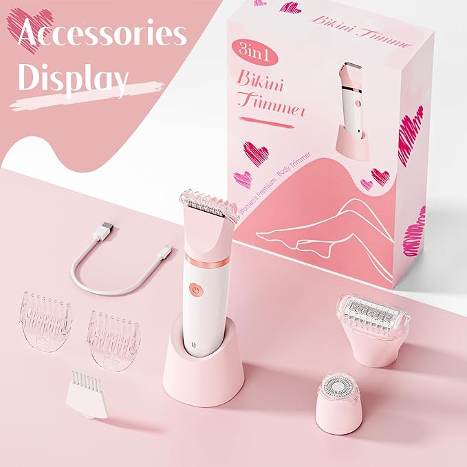Bikini Trimmer for Women - 3 in 1Electric Razors for Silk Skin Cordless Pubic Hair Trimmer Replaceable Lady Shavers Kit Bikini Shaver for Legs Body Hair IPX7 Waterproof White