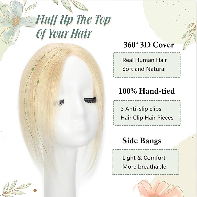 Blonde Hair Toppers for Women Real Human Hair 360°3D No Bangs Pieces Upgrade Lace Base Premium Remy Hair Toppers for Women(Blonde 10Inch)
