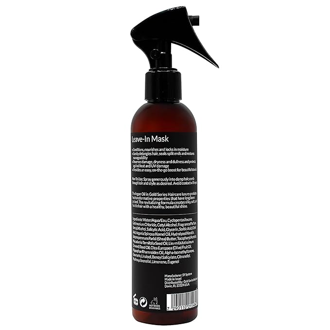Gold Series Leave-In Hair Mask ? Argan Oil Hair Mask Enriched with Keratin ? Nourishing and Gently Detangling Leave In Conditioner Spray For Curly Frizzy or Damaged Hair 8.4 Fl.oz