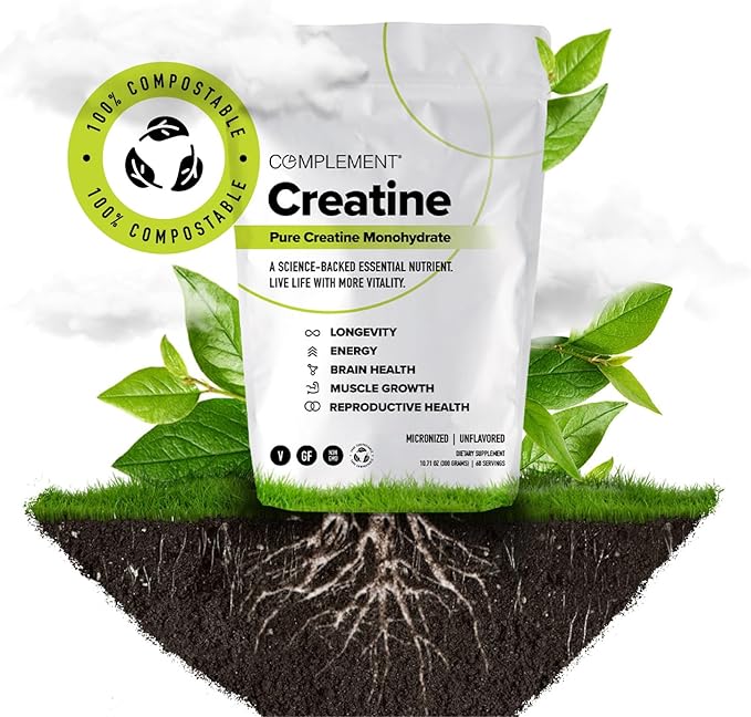 Complement Creatine Monohydrate Micronized Powder for Women and Men (5g 60 Servings) Pre Workout Post Workout Muscle Recovery Brain Health Longevity- Vegan Unflavored