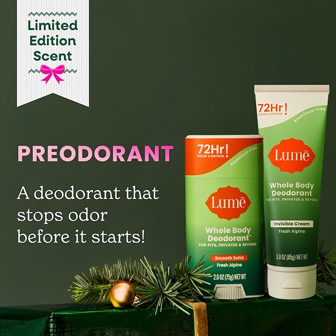 Lume Whole Body Deodorant - Invisible Cream Tube and Solid Stick - 72 Hour Odor Control - Aluminum Free Baking Soda Free Skin Loving - 3.0 Ounce Tube and 2.6 Ounce Solid Stick Bundle (Fresh Alpine)