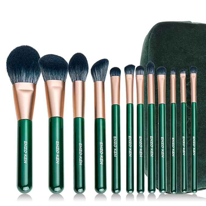 Natural Fiber &amp Goat Hair Makeup Brush Set Professional Combined Hair Makeup Brushes Set with Case by Luxury ENZO KEN Emerald Green Cosmetic Brushes Makeup Set Natural Bristle Makeup Brushes.