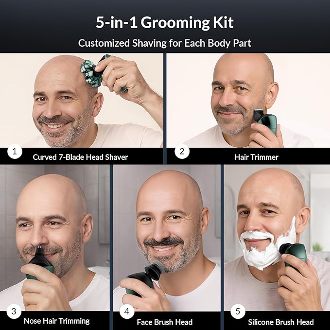 Head Shavers for Bald Men - 7D Arc Electric Razor with Magnetic Detachable Head Waterproof Wet Dry 5-in-1 Electric Shaving &amp Grooming Kit LED Display Rechargeable Head &amp Body Hair Shaver