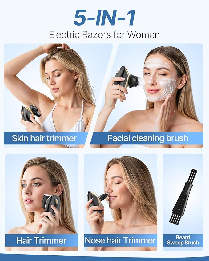 Electric Razors for Women 5-in-1 Rechargeable Body Shaver - Waterproof Wet Dry Hair Remover - Trimmer for Lady Face Underarms Legs