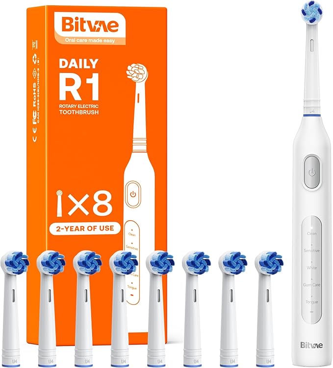 Bitvae R1 Rotating Electric Toothbrush for Adults and Kids with 60-Day Battery Life 8 Brush Heads Rechargeable Power Toothbrush 5 Modes Brushing Timer White