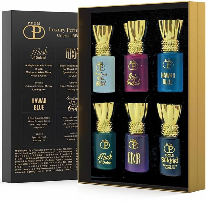 PFUM_Luxury Alcohol Free Long Lasting Roll-On Attar Perfume Gift Set For Unisex 6Pcx5.5ml Each Total 33ml (Ruh Gulab Hawaii Blue White Oud)