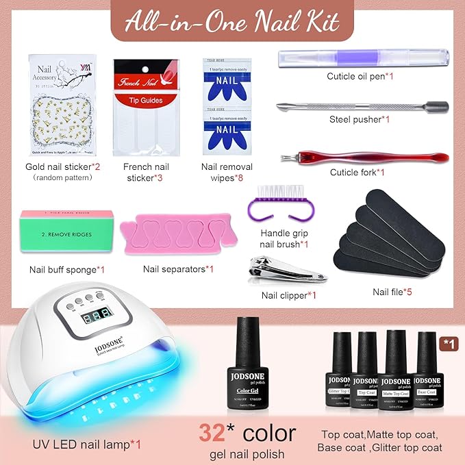 JODSONE Gel Nail Polish Kit with U V Light 32 Color Soak Off Base&ampTop Glitter Coat Gel Polish for DIY Manicure Lovers