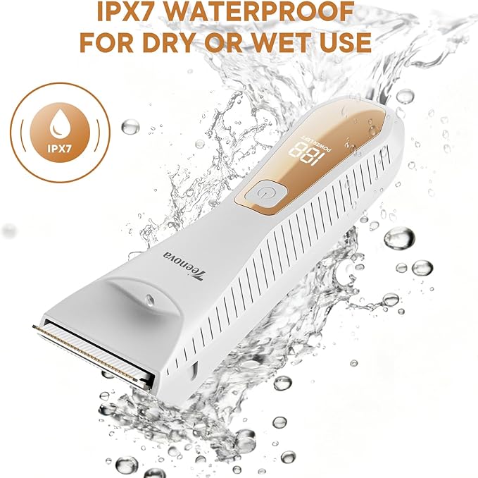 Pubic &amp Body Hair Trimmer for Men 2 In 1 Electric Ball Groin Razor Shaver with Ceramic Blade No Nick Mens Grooming Kits for Wet/Dry Use Cordless Charging Body Groomer with Led DisplayWhite