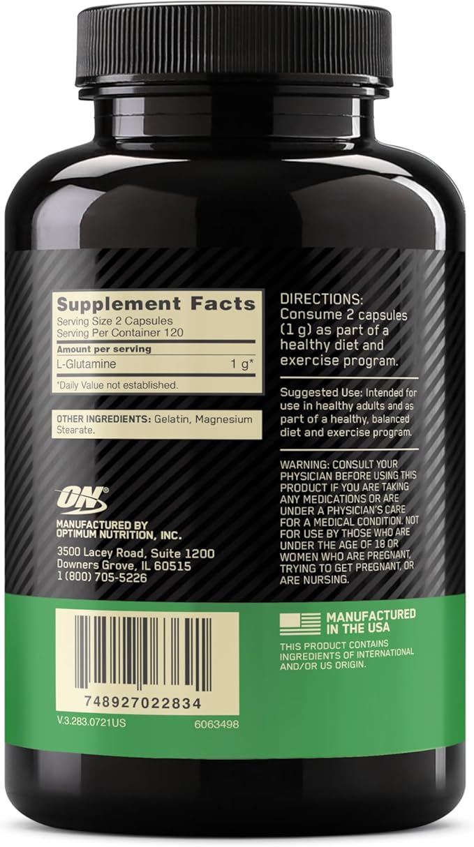 Optimum Nutrition L-Glutamine Muscle Recovery Capsules 1000mg 240 Count (Package May Vary)