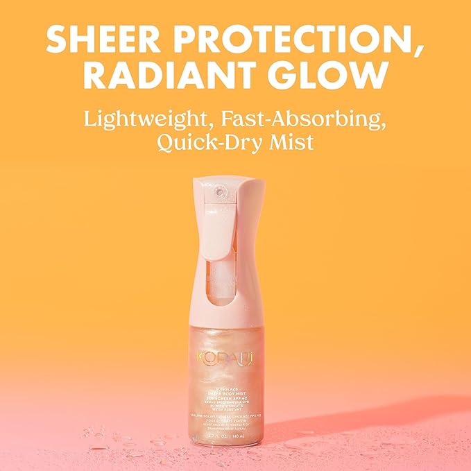 Kopari Rose Gold Sunglaze Sheer Body Mist Sunscreen SPF 42 Infused with Shimmering Body Oil Hydrating Mist Hydrates Brightens Makeup Friendly Gives Skin a Glowy Finish Lightweight