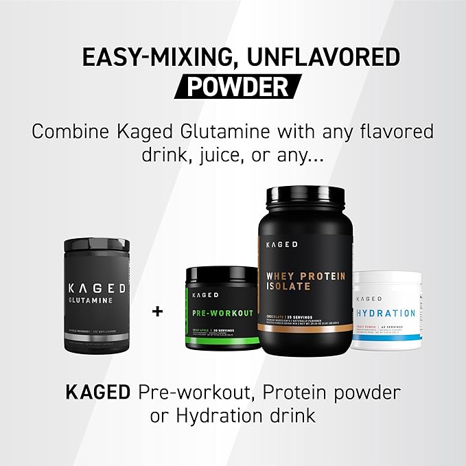 Kaged Muscle L-Glutamine Powder 500 Gram Vegan Support Muscle Recovery Post Workout Glutamine Banned-Substance Free Unflavored 100 Servings