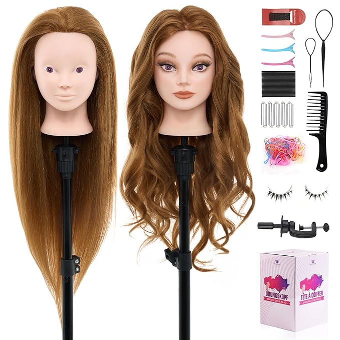 28 Mannequin Head with 80% Human Hair - Cosmetology Makeup Manikin Doll Head for Hair Styling Hairdressing Training Practice Braiding Head with Table Clamp Styling Set Suitable for Hair Extensions