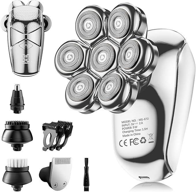 SHPAVVER Head Shavers for Bald Men: 5-in-1 Electric Razor - IPX7 Waterproof Shaving Grooming Kit for Balder - Turbo Speed &amp Precision Blades (White Silver)