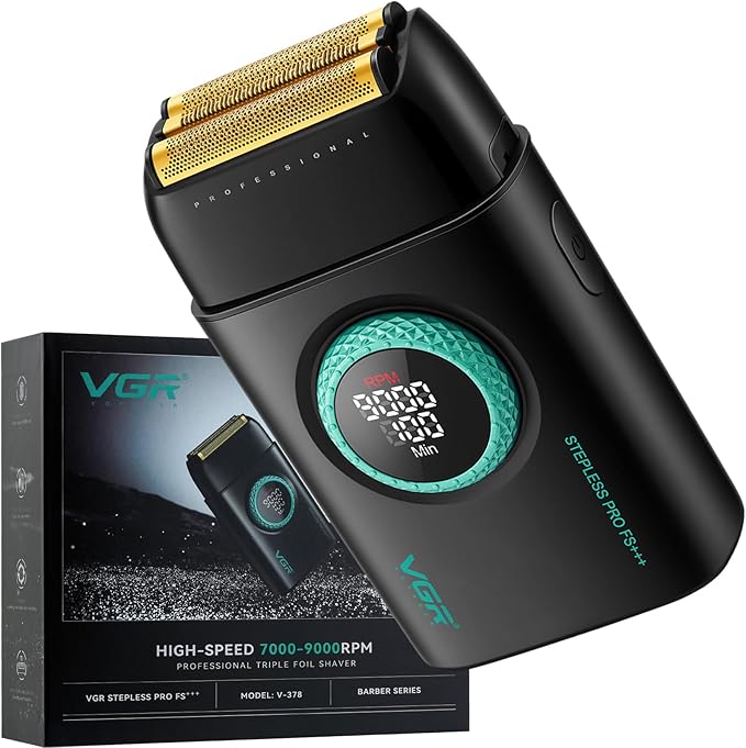 VGR 378 Electric Shavers for Men Triple Floating Blade Foil Shaver Cordless Men's Electric Razor 9000 RPM Motor Bald Shavers Titanium Foils with LED Display Barber Supplies (Black)