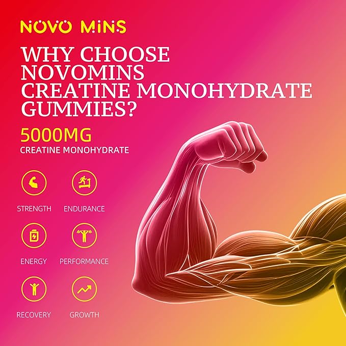 novomins Creatine Monohydrate Gummies 5000mg for Men &amp Women Chewables Creatine Monohydrate for Muscle Strength Muscle Builder Energy Boost Pre-Workout Supplement(120 Count)