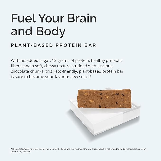 BRAINMD Brain Boost Dark Chocolate Almond - 10 Plant-Powered Protein Bars - Vegan Gluten Free Keto Friendly