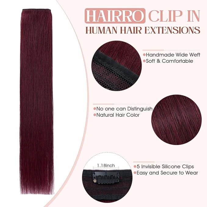 Hairro Clip in Hair Extensions Real Human Hair 14 Inch Clip in Thin Remy Hairpieces Burgundy Short Straight Standard Weft One Piece 5 Clips 45g for Women#99J Wine Red