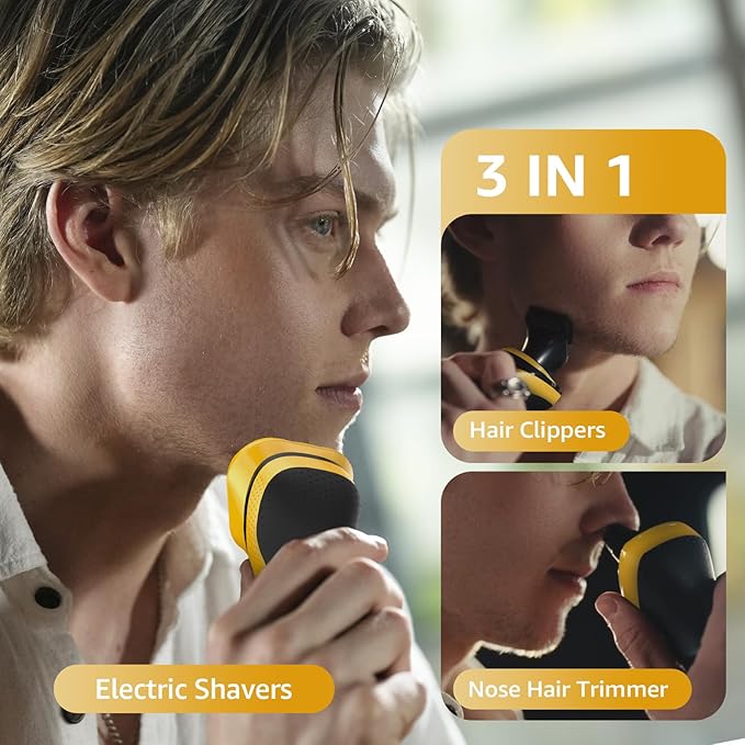 Rechargeable Electric Razor for Men: 3-in-1 Shaver for Beard/Nose/Sideburns - IPX7 Waterproof Travel Kit - Turbo Speed &amp Precision BladesCyber Yellow