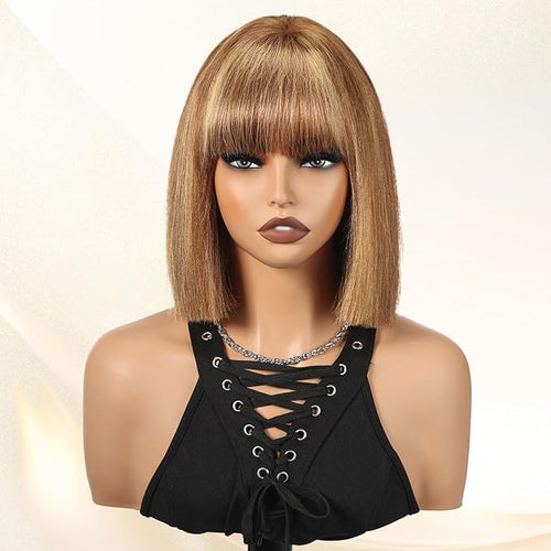 10 Inch Highlight Ombre Bob Wig Human Hair With Bangs Glueless 2x1 HD Lace Wigs Short Wigs For Women Yaki Straight