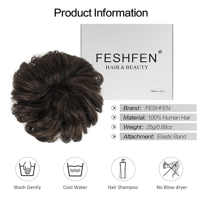 FESHFEN Human Messy Buns - 100% Human Hair Bun Real Scrunchies Hair Pieces Ponytail Extensions Wavy Tousled Updo Chignon Hairpieces for Women Dark Brown