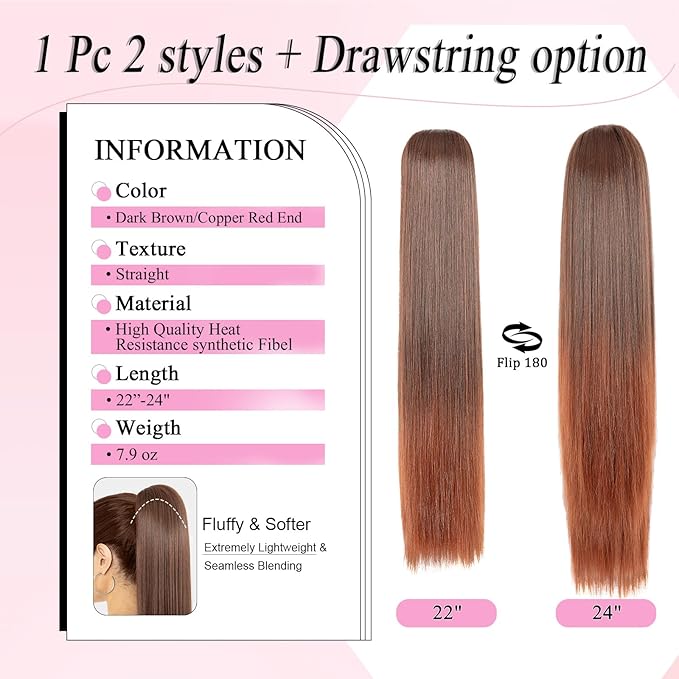 Ponytail Extension 24 Long Straight Claw Clip Ponytail Extension clip on ponytails hair clip Hair claw clip Fake Ponytail Hairpieces for Women ? Dark Brown with Copper Red End