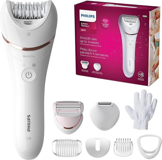 Philips Epilator Series 8000 Wet &amp Dry 3-in-1 with Shaver &amp Trimmer Attachments for Women 8 Accessories Included BRE720/14