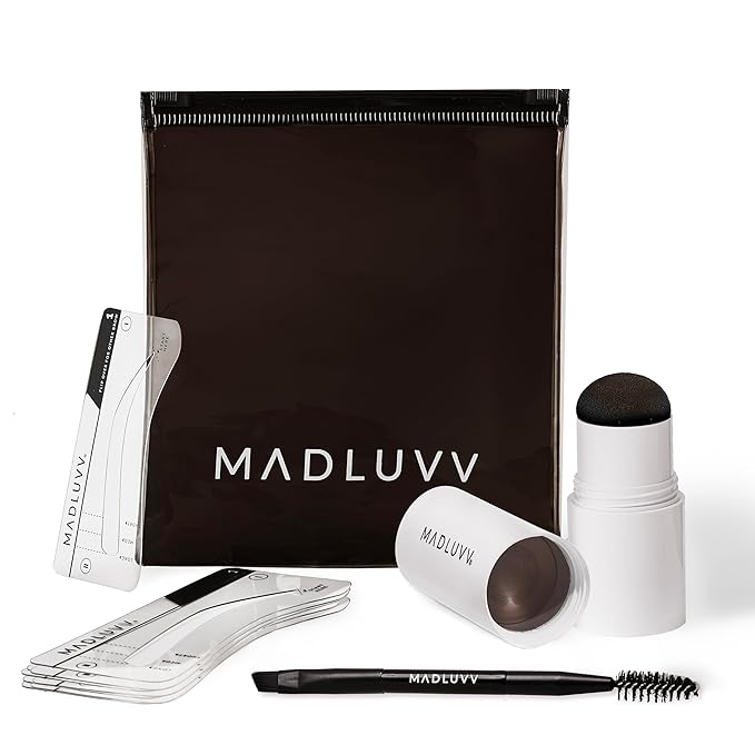 MADLUVV Brow Stamp Kit with Brow Stencils ? Easy Eyebrow Shaper for Natural-Looking Brows ? Popular Eyebrow Stencil Kit Used by Professionals ? 9 Shapes Spoolie Travel Bag &amp Stamp (Medium Brown)