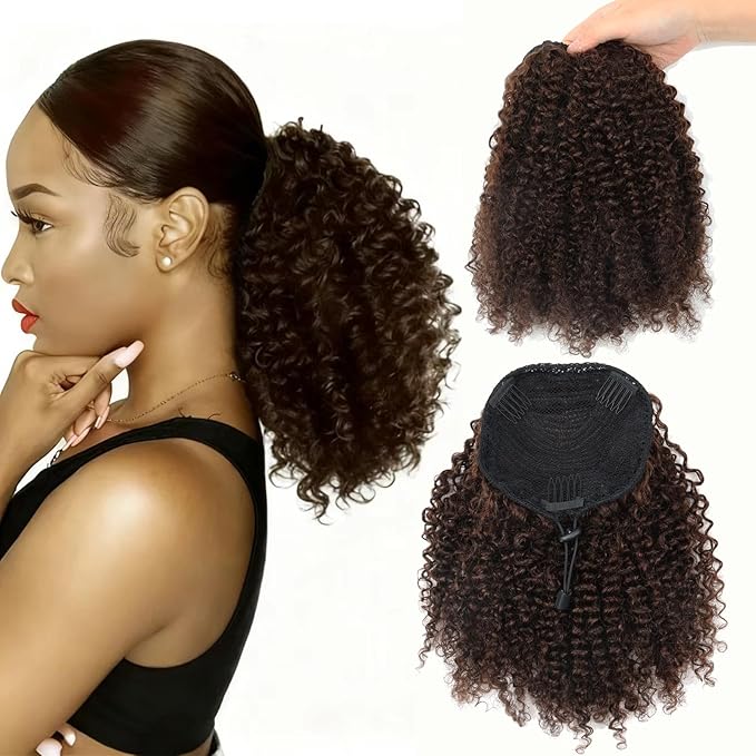 VADES Kinky Curly Human Hair Drawstring Ponytail for Black Women Dark Brown Real Hair Ponytail Extension 12 Inch Afro Puff Ponytail Hair With 3 Stable Combs Color #2 Curly Hair Extension