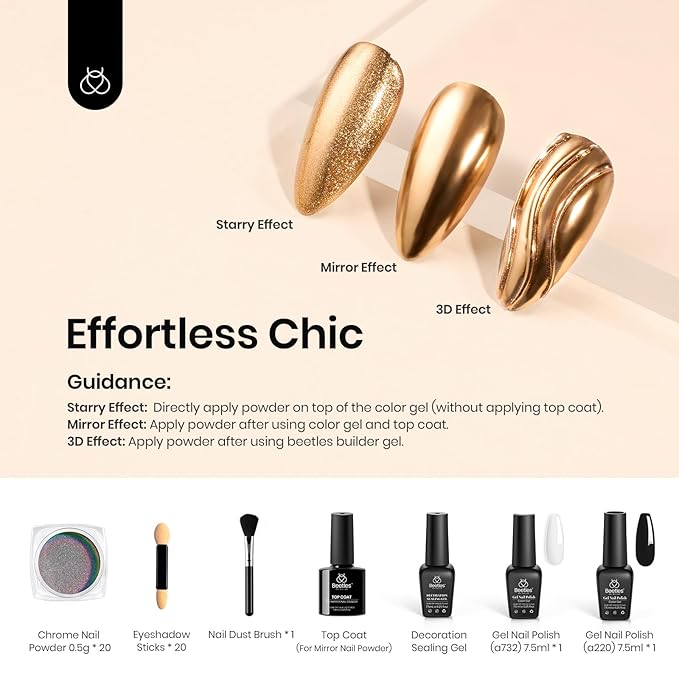 Beetles 20 Colors Metallic Chrome Nail Powder Kit 24Pcs Pearl Chrome Nails Powder Glitter Gold Silver Mirror Nail Art with Base Top Coat &amp Decoration Sealing Black Gel Nails Polish Gifts for Women