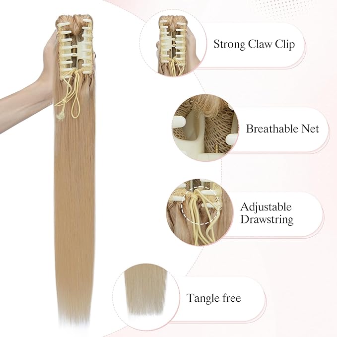 Claw Clip Ponytail Extension Human Hair Long Straight Clip in Ponytail Hair Extensions Real Hair Ponytail Extension18inch #24 Natural Blonde115g