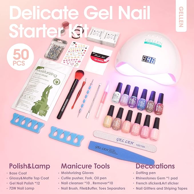 Gellen Gel Nail Polish Starter Kit with U V Light - 12 Colors Solid Black White Pink Blue Gel Polish with 72W Nail Lamp Top Base Coat Nail Tools Gel Nail Polish Kit Nail Gel All-In-One Manicure Set