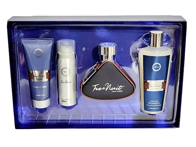 Armaf Tres Nuit 4-Piece Set for Men (Eau De Parfum 3.4 Ounce + Shower Gel 3.4 Ounce + Body Spray 1.7 Ounce + Shampoo 8.4 Ounce)