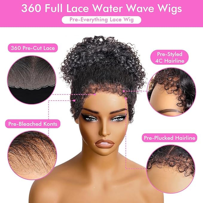 Healthair Water Wave Invisible 360 Lace Front Wigs Human Hair 4C Edge Hidden Strap Pre Cut Lace Pre Bleached Knots Glueless 360 HD Full Lace Wigs for Women (28inch)