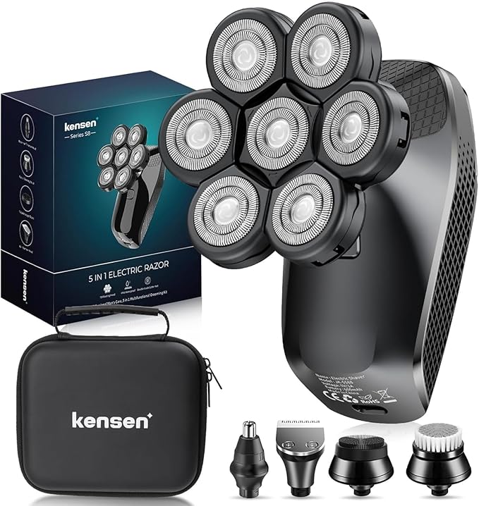 7D Head Shavers for Bald Men - 5 in 1 Bald Head Shavers for Men Body Shaver for Mens with Nose Hair &amp Beard Trimmer IPX6 Waterproof Wet Dry LED Display with Travel Case Cordless Head Razor (Black
