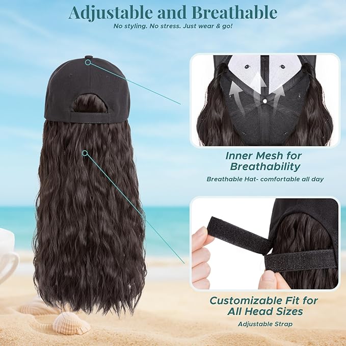 MY-LADY Hat Wig Hat with Hair Attached for Women Baseball Cap with Hair Extensions Adjustable Wavy Synthetic Hairpiece 16 Black Cap to 03