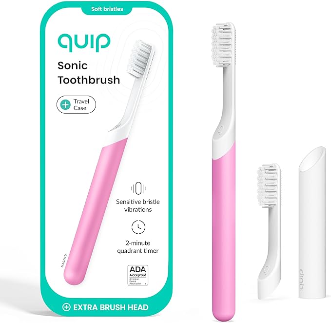 Quip Sonic Toothbrush for Adults with Timer - Includes Extra Brush Head and Travel Cover Mount - Electric Soft Bristle Refill Head Plastic Handle 3 Month Battery Life - Travel Toothbrush - Magenta