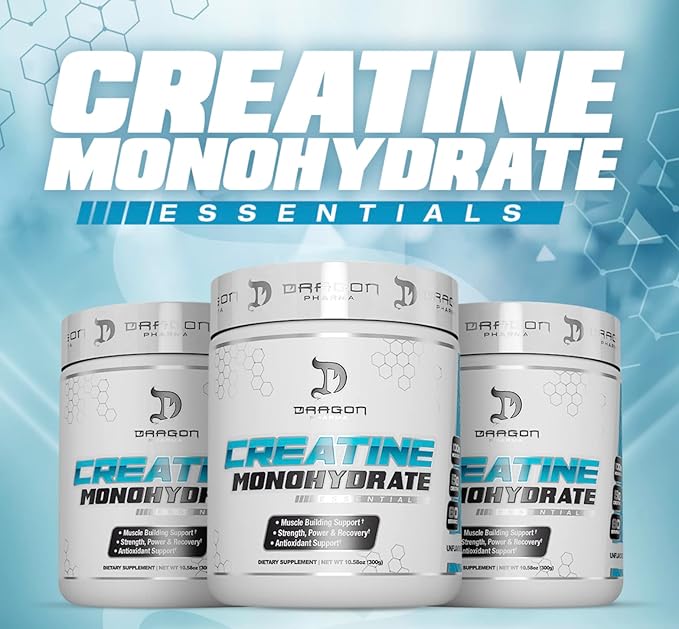 DRAGON PHARMA Creatine Monohydrate Aid Muscle Recovery Post-Workout Supplement Antioxidant Support (60 Servings Unflavored)