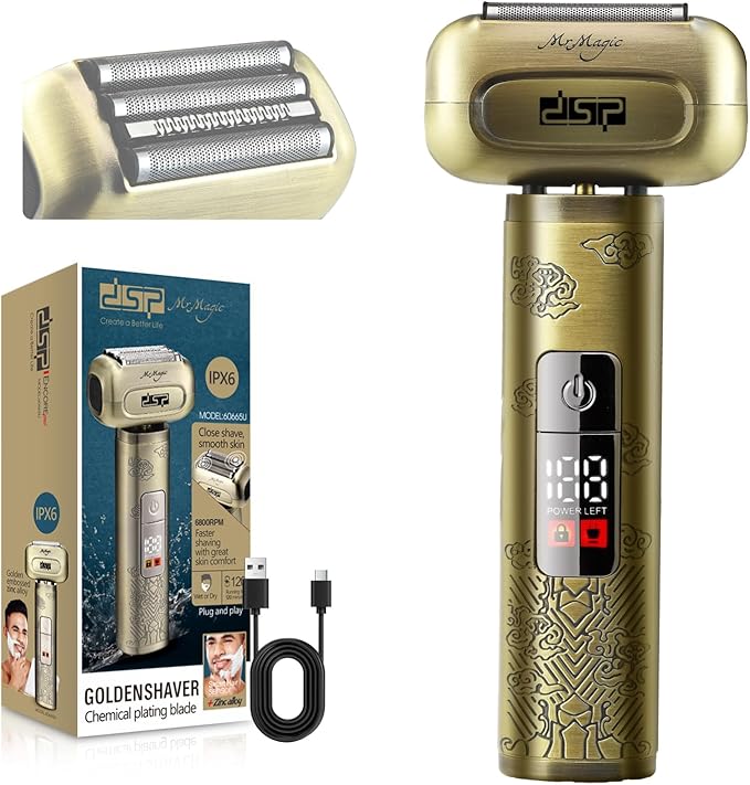 DSP Electric Shavers for Men IPX6 Waterproof Type-C Rechargeable Shaver 4-Blade Cutting System Electric Foil Shaver Travel Lock (Bronze)