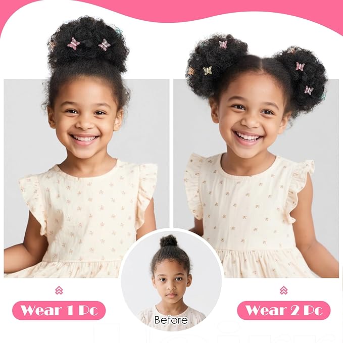 Hairro Afro Puff Hair Bun For Kids Human Hair Drawstring Ponytail Extensions For African Black Women Girls Remy Kinky Curly Scrunchy Hairpieces 40g 6 #1B Natural Black