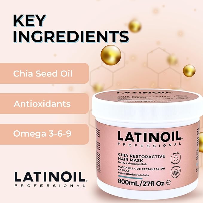 Latinoil - Chia Restorative Hair Mask - Deep Conditioning &amp Repair Treatment for Damaged Dry Frizzy Hair - Intensive Moisture Conditioner with Chia Oil for Shine Softening and Strengthening - 25