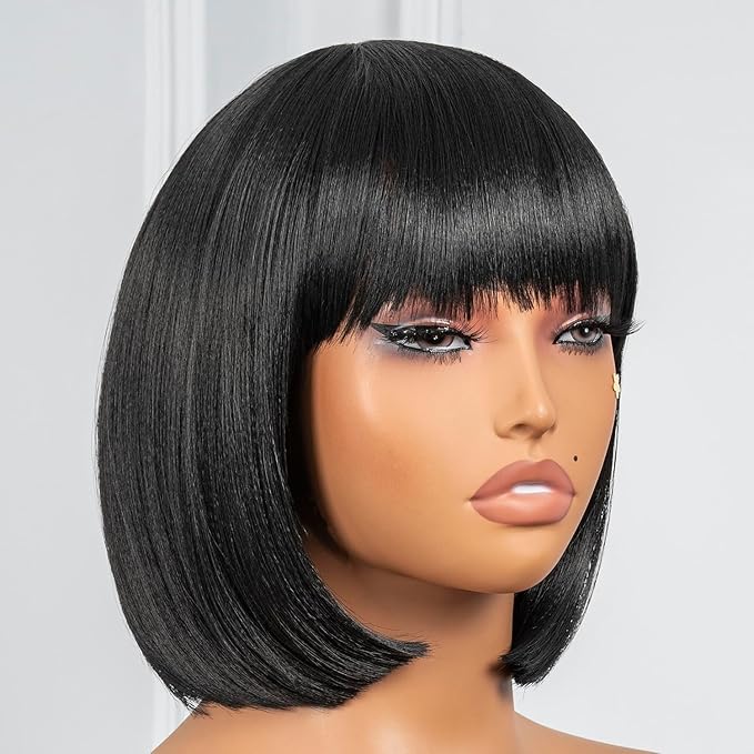 Black Human Hair Bob Wigs with Bangs Light Yaki Straight Shoulder Length Heat Resistant for Black Women Daily Cosplay (Black10 Inch)