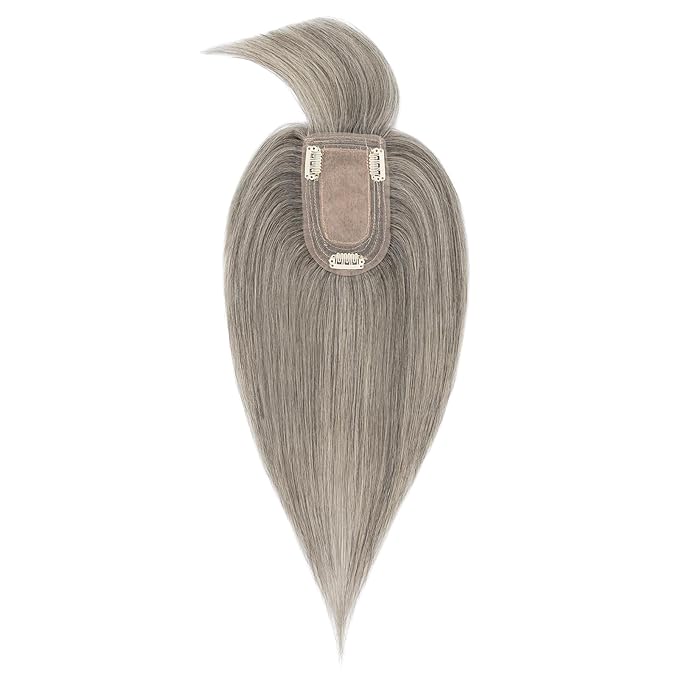 Elailite Hair Toppers for Women Real Human Hair Topper with Bangs Thinning Thin 5.1x2.8 Silk Base Clip in Remy Hairpieces 6 Inch White Blonde mix Grey