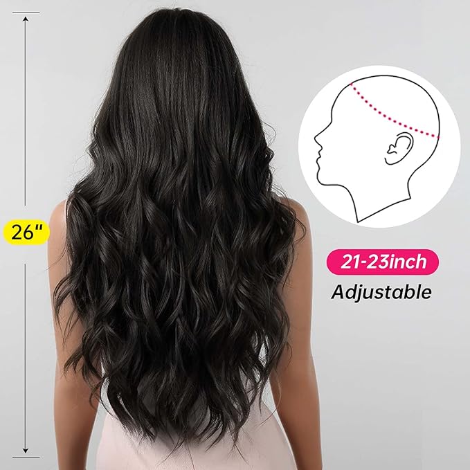 BERON Black Wigs Long Wavy Women Wigs with Bangs Natural Black Curly Heat Resistant Synthetic Wigs for Daily Wigs Wig Cap Included
