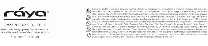 Raya Camphor Souffl? Facial Cleanser (101) - pH-Balanced Blemish Facial Wash for Oily &amp Break-Out Skin Blackheads &amp Whiteheads Clarify Pores Refreshing Camphor Formula Smooth Complexion -