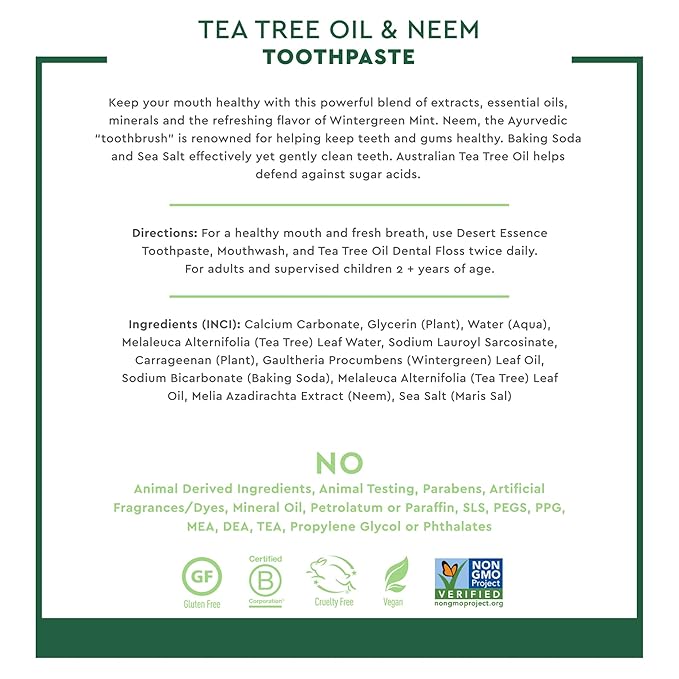Desert Essence Natural Tea Tree Oil and Neem Toothpaste Wintergreen6.25 Oz Pack of 3