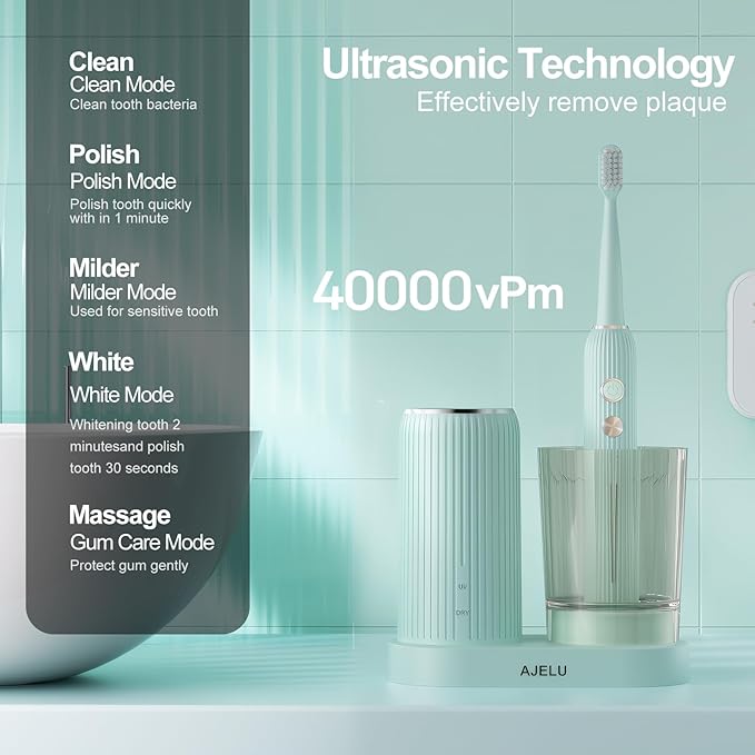 Rechargeable Sonic Toothbrush with Drying Holder 8 Brush Heads Smart Timer Waterproof Design ? Mint Green Edition